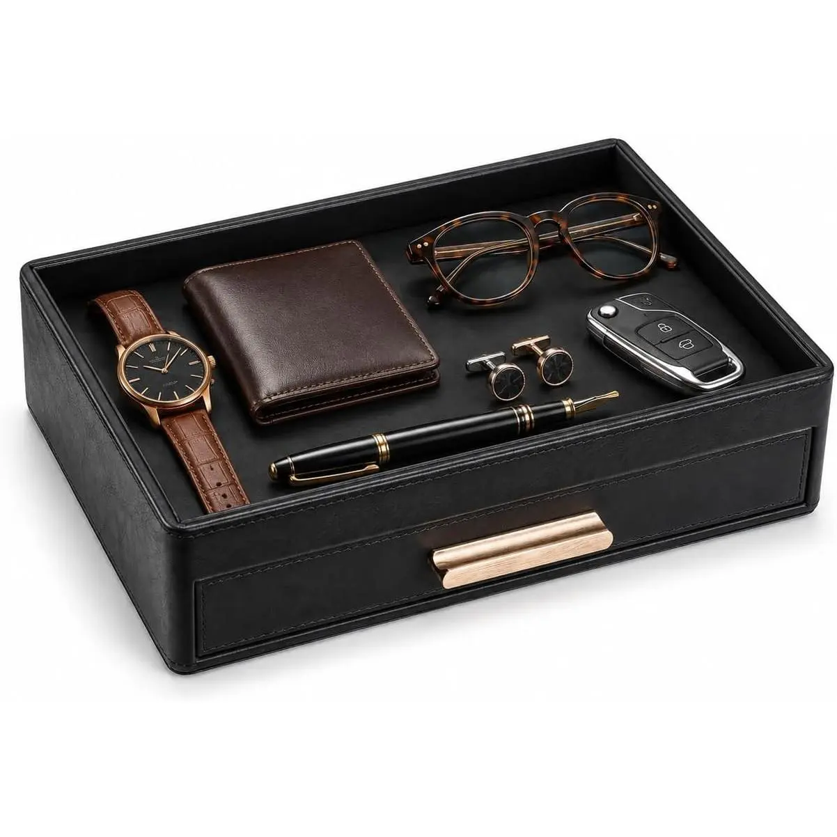 GORESE Leather Valet Tray for Men, Black Nightstand Organizer with Drawer