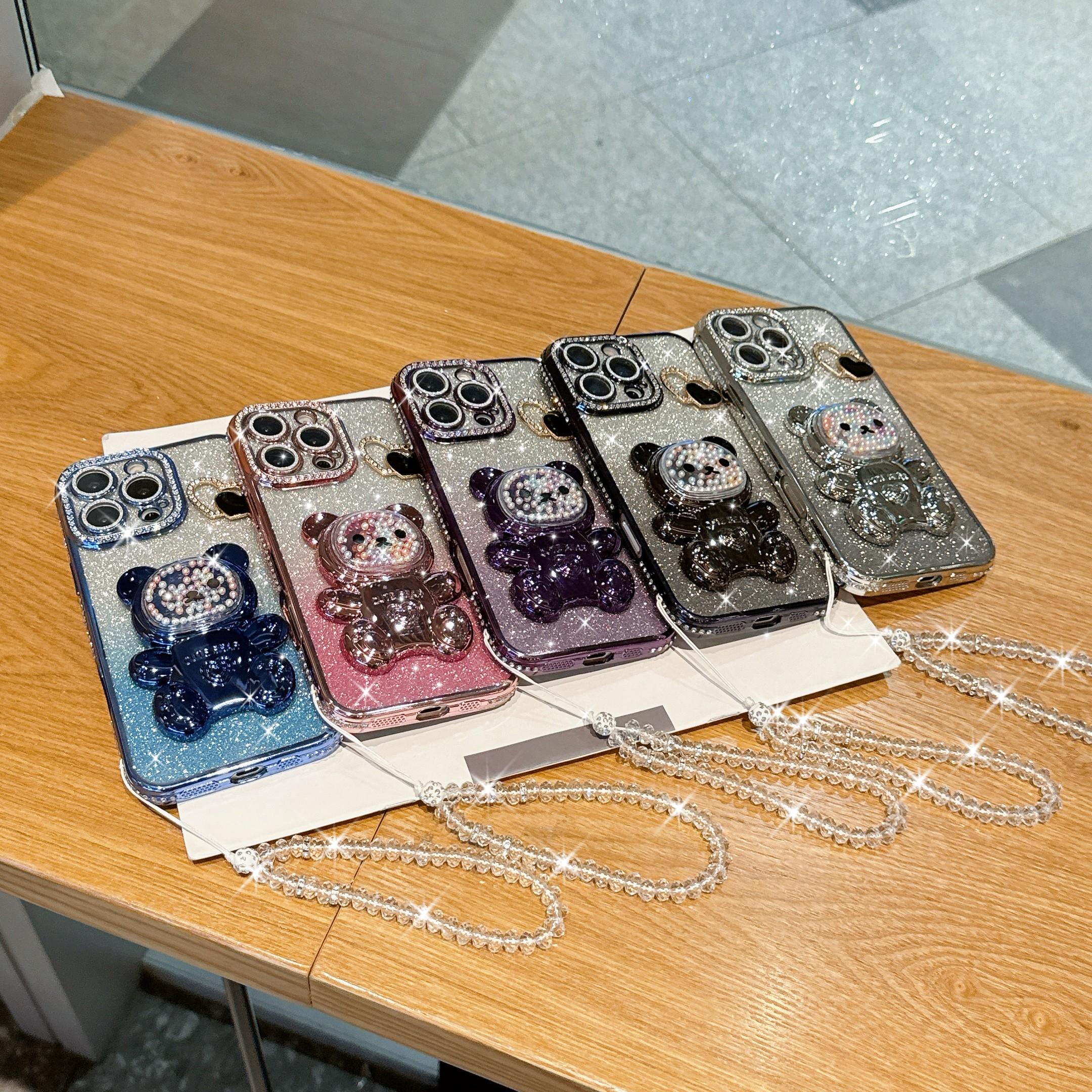Luxury Blue Bear Stand Phone Case, Gradient Sand Anti-Drop Protection, Crystal Lanyard, Fits iPhone 17pro Max 16pro 15 14 13 12 11