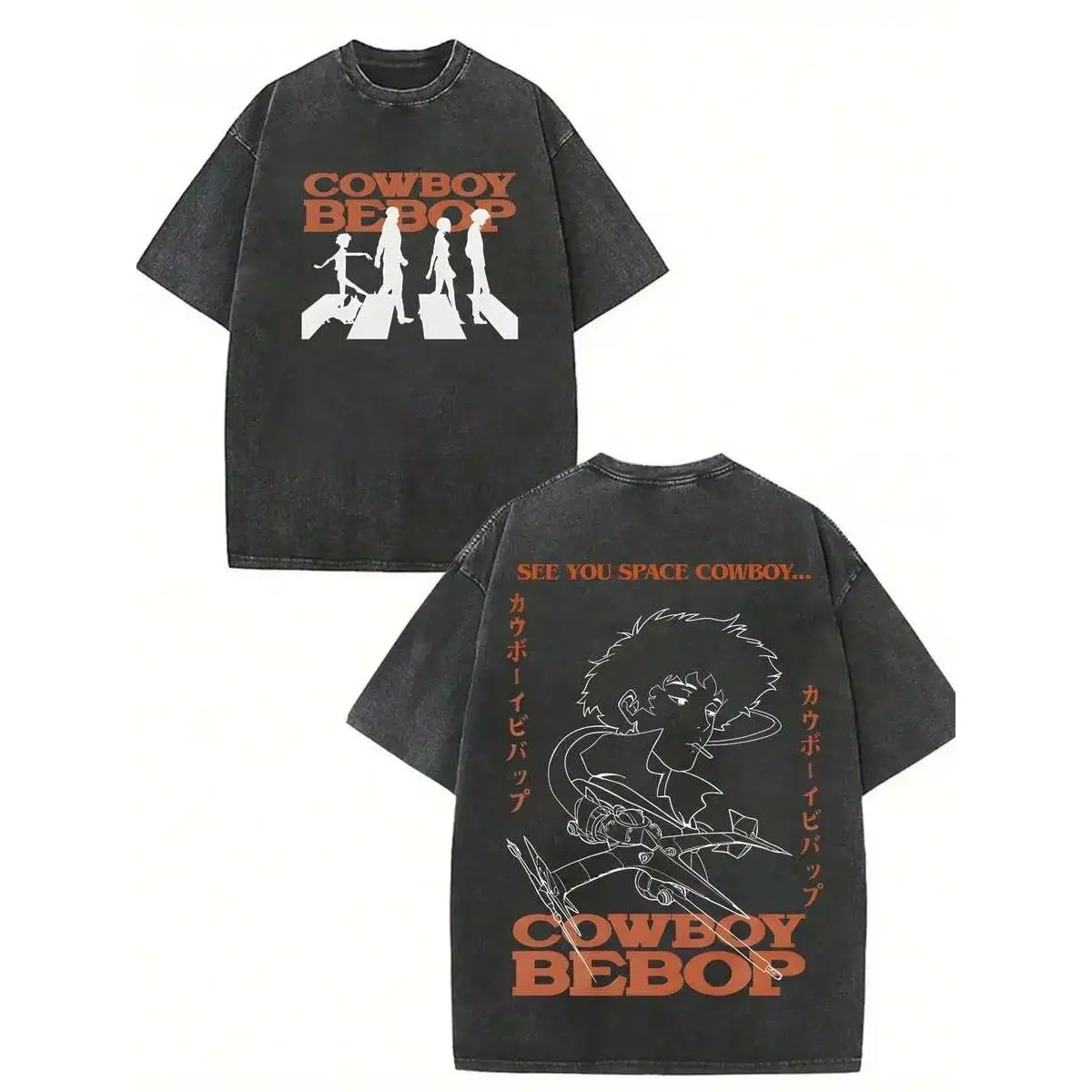 Exclusive Limited Cowboy Bebop Vintage Washed Graphic Tee Unisex Oversized Soft Cotton Short Sleeve Crewneck Retro Anime Aesthetic Casual Streetwear Daily Outdoor Fashion Top Ideal Gift for Adult Anime Fans Men Women
