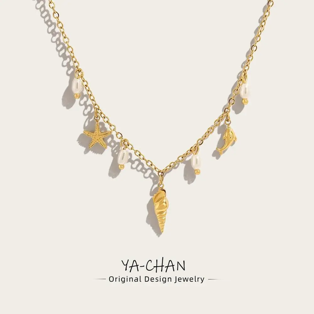 YACHAN Stainless Steel Ocean Charms Necklace for Women Trendy Chic Beach Waterproof Holiday 18K Gold Plated Jewelry