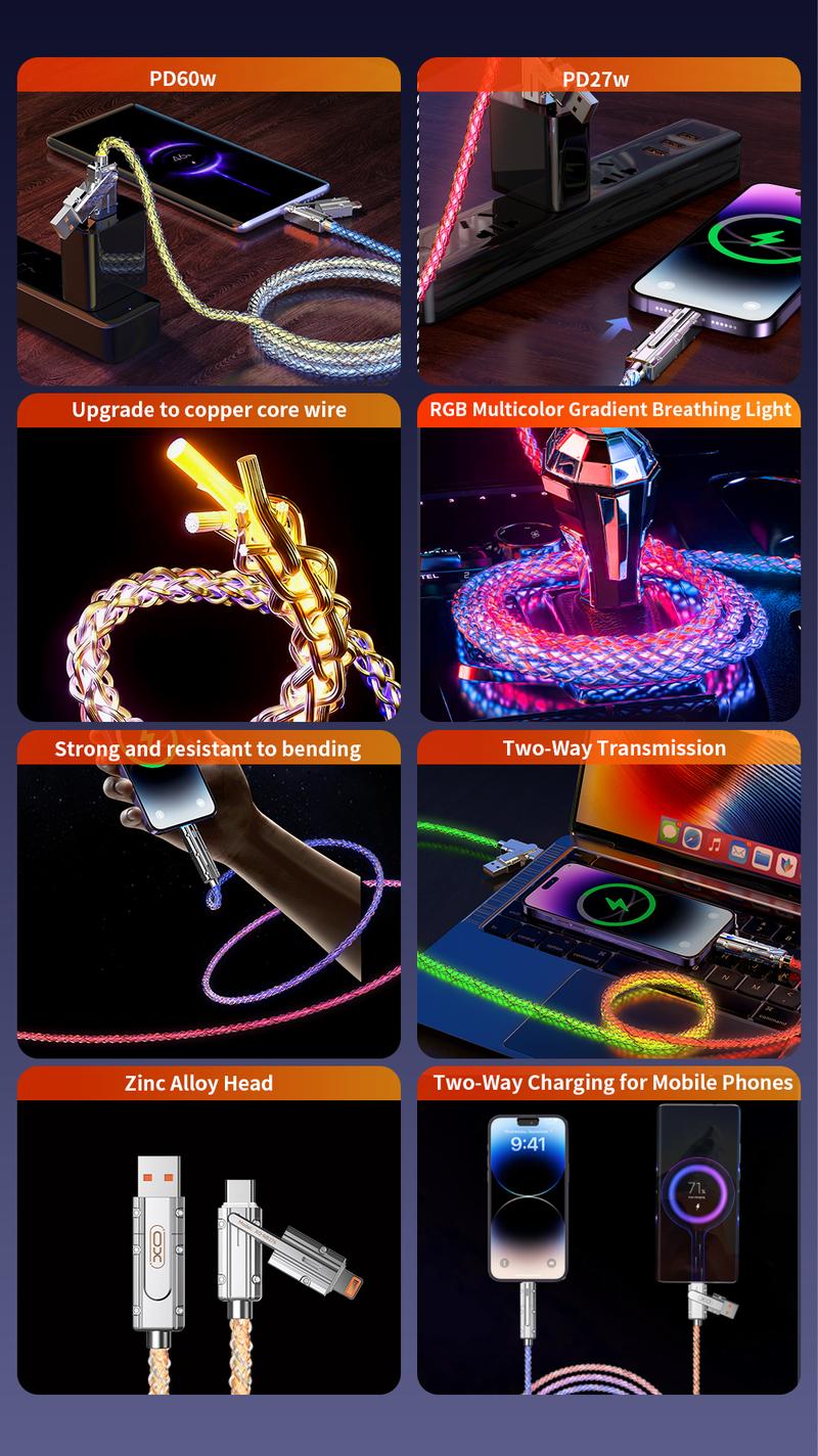 [Buy 1 get 1 free]Four-in-One 100W Colorful lights Data Cable,Supports fast charging and data transmission,Free switching four interfaces,Type-C to Type-C,USB-A to micro/type-C/lightning, type C to lighting