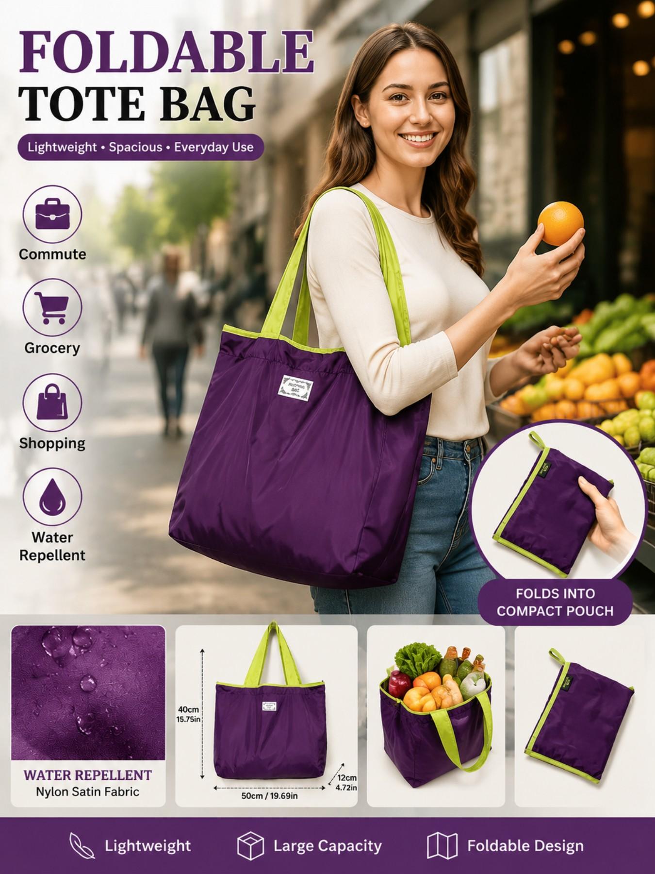 Foldable Drawstring Shopping Bag, Waterproof Nylon, Large Capacity, Casual Style, Reusable, Multi-Color, Ideal for Travel and Daily Use, Reusable Shopping Bags