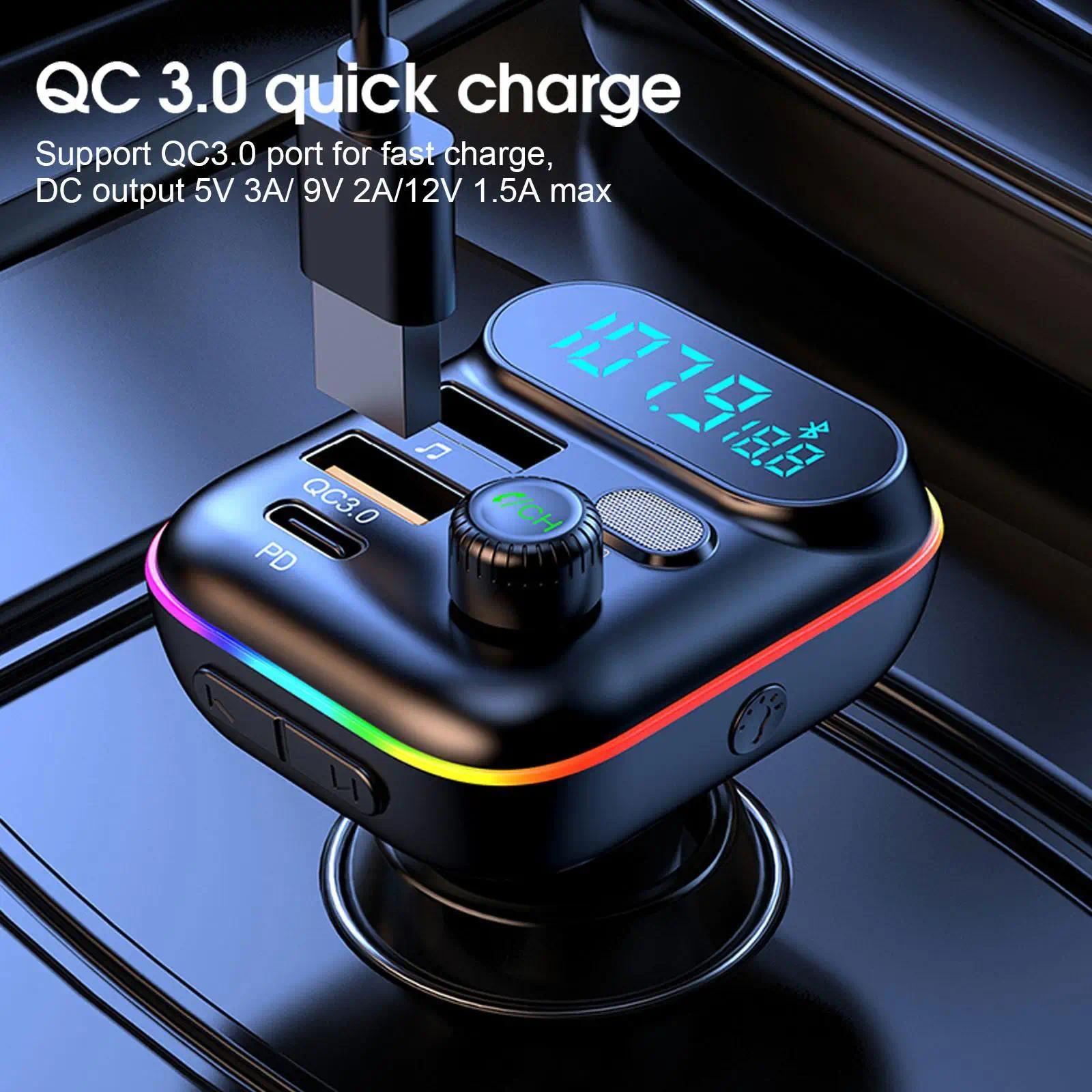 Bluetooth Car Adapter, In-Car FM Transmitter with Bluetooth 5.0, 18W PD Fast Charging, QC3.0, USB + PD Ports, Type-C, Colorful Ambient Light, Dual Music Player, Bluetooth Calling, Cigarette Lighter Accessory with Easy Setup