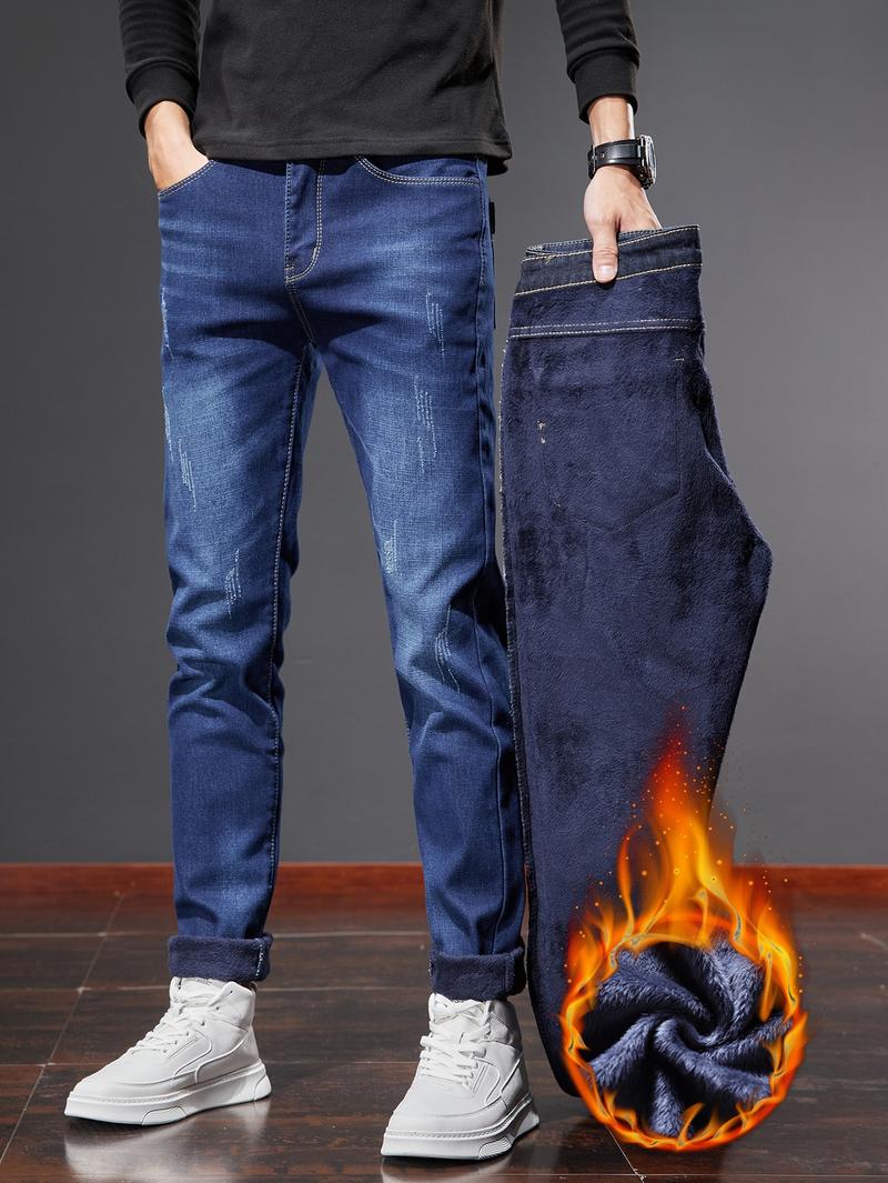 New Fall Winter Fleece Lined Thick Slim Fit Jeans for Men, Casual High-End Elastic Long Pants, Autumn Fashion Menswear
