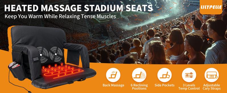 Lilypelle 2 Pcs Heated Massage Stadium Seats, Bleacher Seat with Back & Arm Support, 3 Levels of Heat&Massage, 6 Reclining Positions Stadium Seating Bleacher Seats for Sports Events, Outing, Hiking（Power Bank is Not Included)
