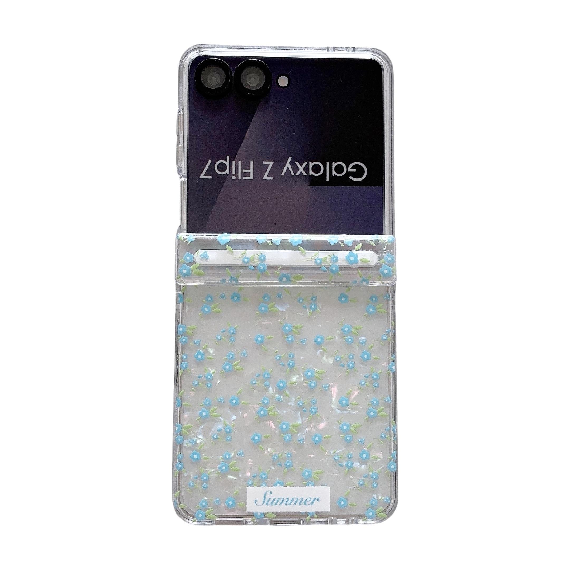 Fresh Floral & Magnetic Snap Shell Pattern Phone Case with optional wrist strap for easy carrying. for Samsung Galaxy Z Flip 5/6/7FE/7. Features a refreshing style, fashionable protection, and unique design perfect for daily use. Protective outer shell.