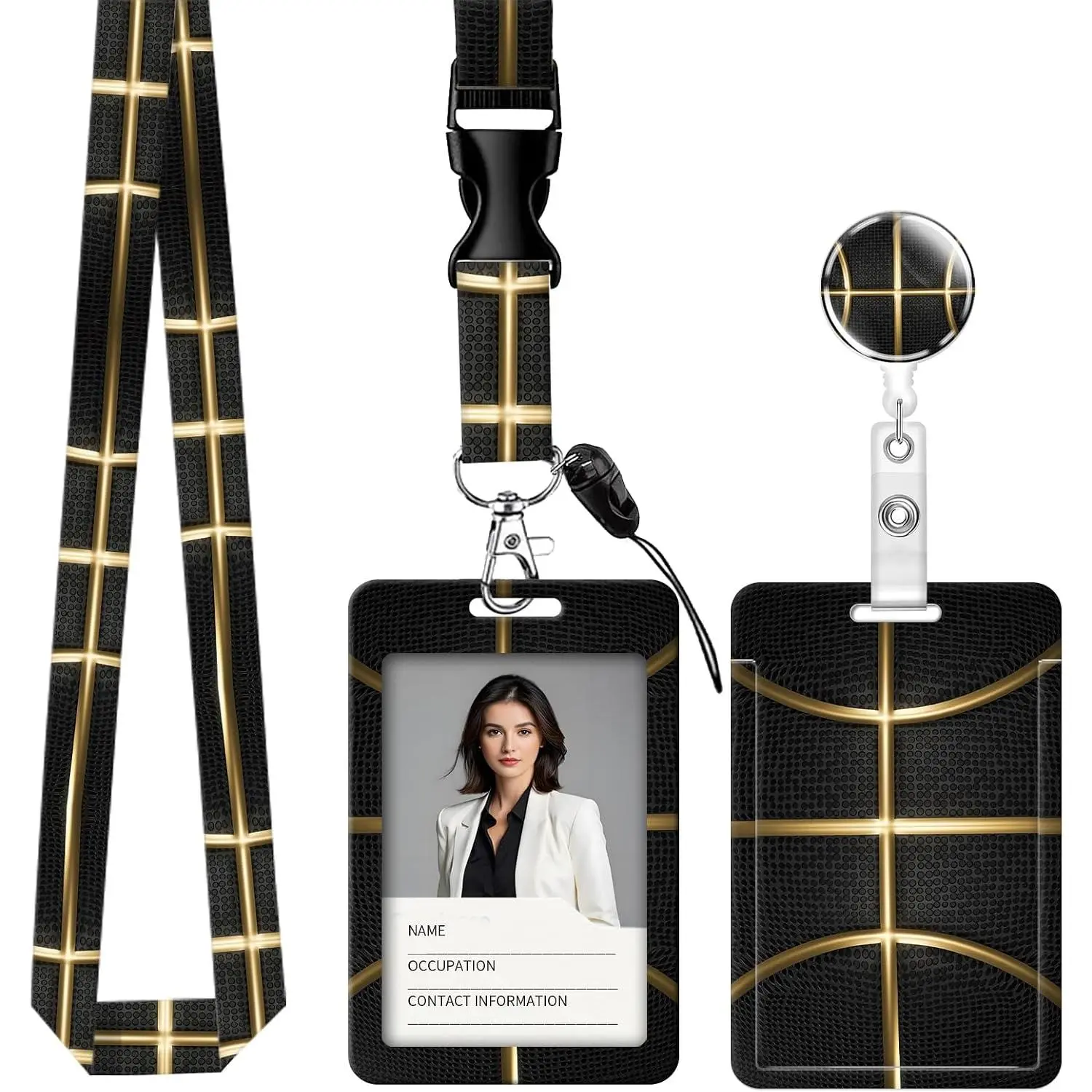 ID Badge Holder & Retractable Reel Set - Breakaway Safety Lanyard with Card Protector for Teachers, , Office Staff (Secure Clip, Adjustable)​ (Basketball)