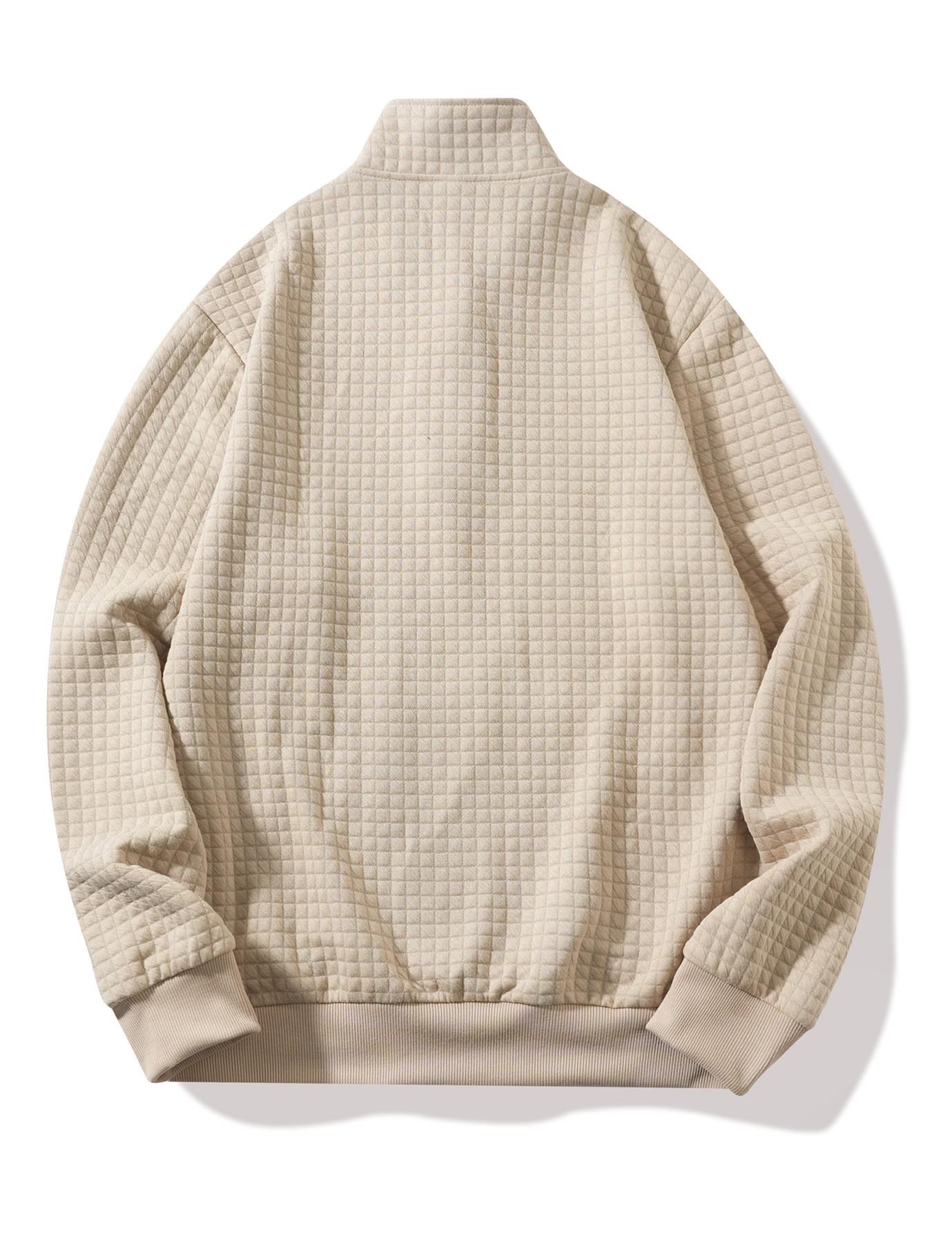 Men's Quilted Quarter Zip Sweatshirt, Waffle Grid Texture Pullover with Stand Collar & Kangaroo Pocket, Casual Loose Fit Top for Streetwear, Daily Wear and Fall Winter