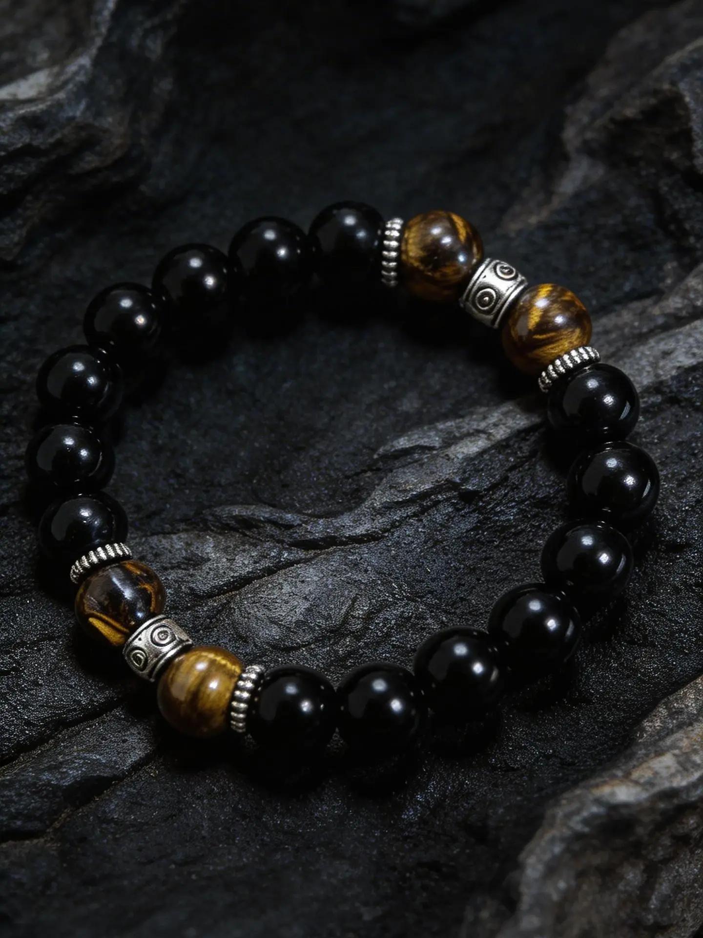 Men's Natural Tiger Eye & Obsidian Bracelet, Silver Color Plated, Handmade Premium Healing Stone, Gift Box Included