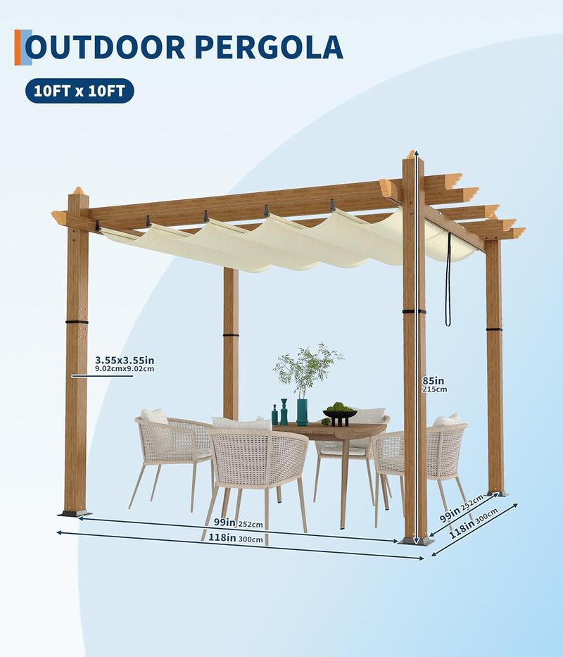 10X10 FT / 10X13 FT Wood-Grain Aluminum Pergola Outdoor Pergola with Retractable Canopy Sun Shade Shelter for Garden, Patio, Backyard, Deck