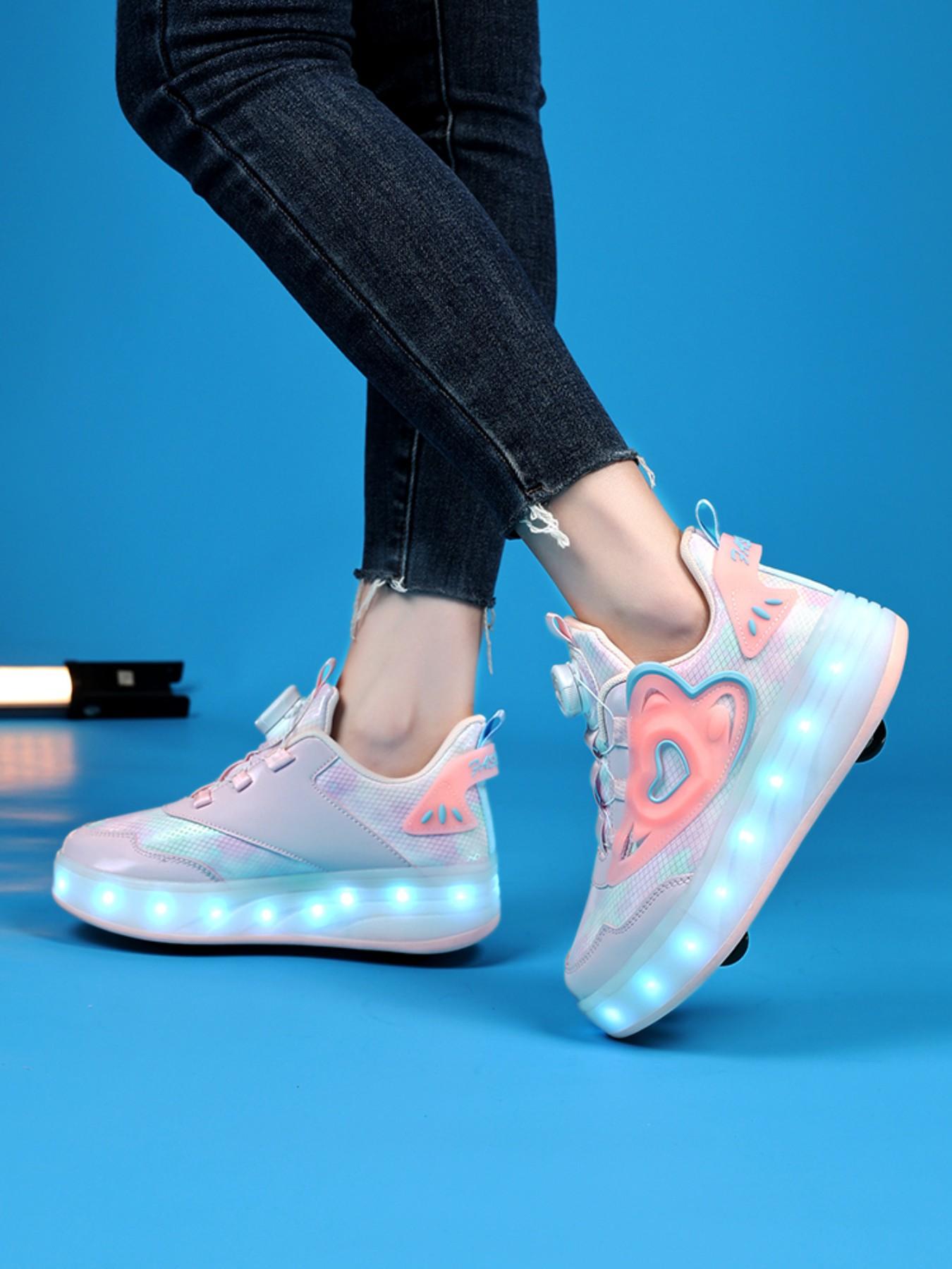 Girls' Walking Shoes with Rotating Buckle, Night Glow Color Changing LED Lights, Waterproof Leather, USB Rechargeable, Detachable Wheels, Trendy Trainers