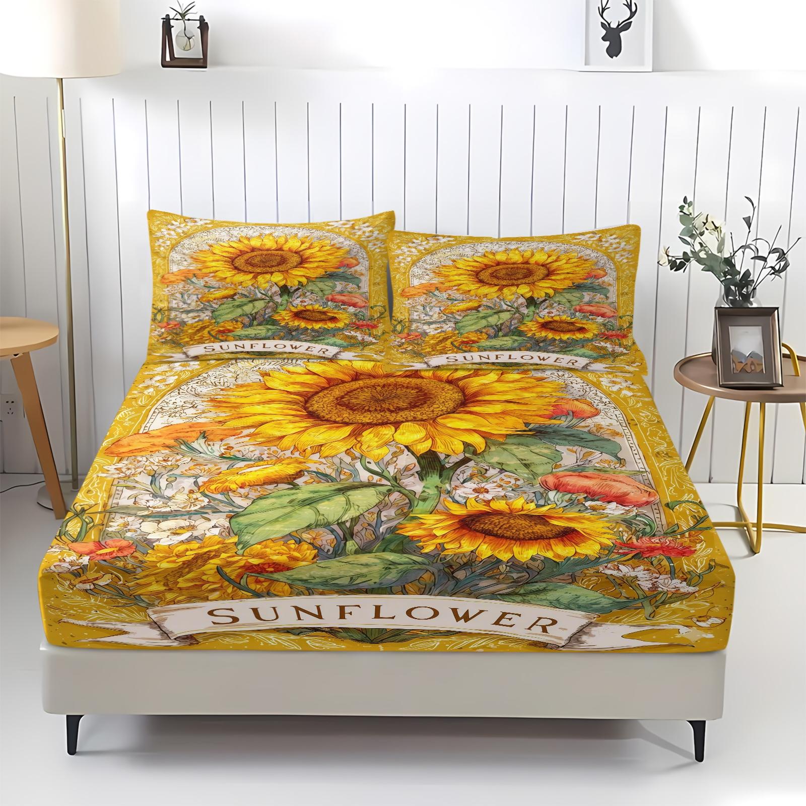 3-Piece Sunflower Patterned Bed Sheet Set, Soft And Durable Bedding Set, Including 1 Bed Sheet And 2 Pillowcases, Suitable For Children And Adults For Daily Holiday Birthday Gifts, Bedroom Decorations