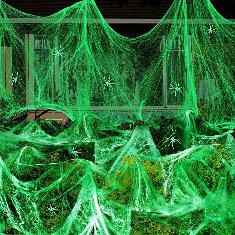 Glow-In-The-Dark Spider Webs with 10 Fake Spiders, Super Elastic Polyester Halloween Decor, Reusable Nighttime Glow Effect, No Power Needed