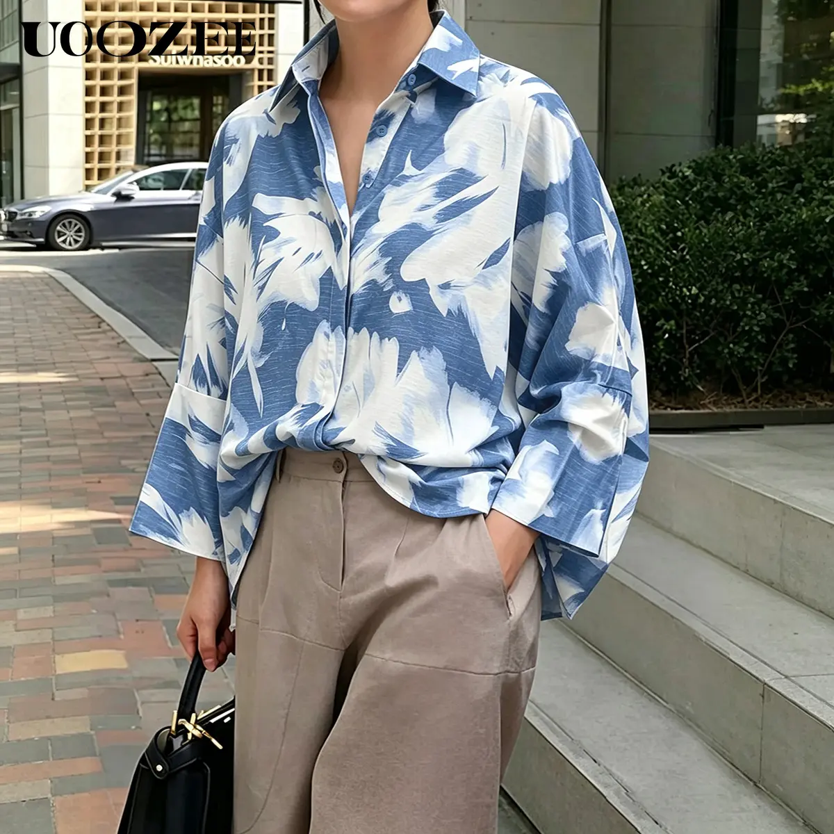 UOOZEE Women's Trendy Abstract Floral Button-Front Blouse - Oversized Batwing Long-Sleeve Collared Top, Lightweight Breathable Polyester, High-Low Hem, Hand-Wash Only, for Casual Vacation, Trendy Blouses