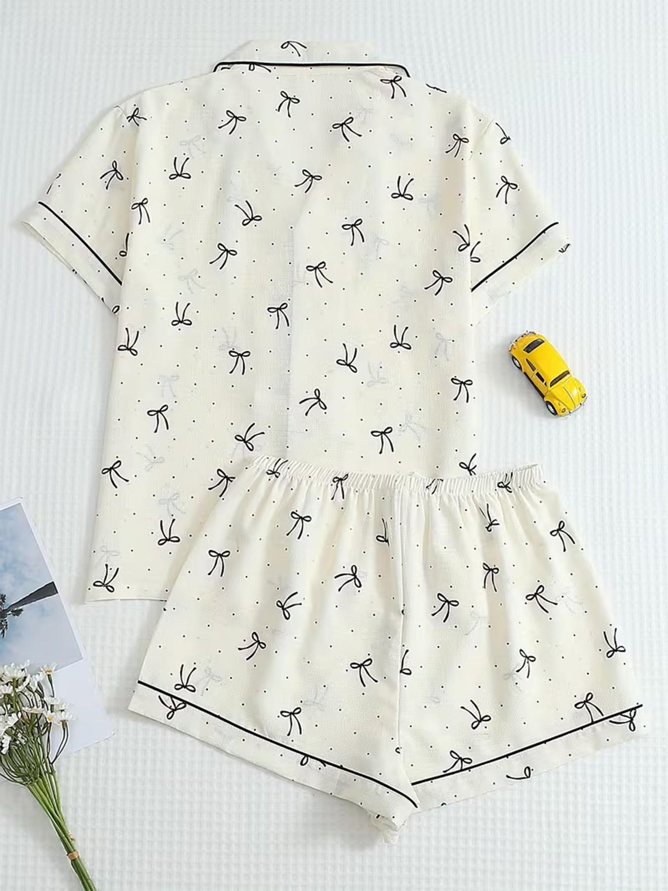 Women's Short Sleeve Button Down Top and Shorts Pajama Set, Spring Summer Wear, For French Lazy Commuter Girls, Cream Base Black Bow & Polka Dot Print, Classic Lapel Collar, Loose Fit, Comfortable For Home & Short Trips
