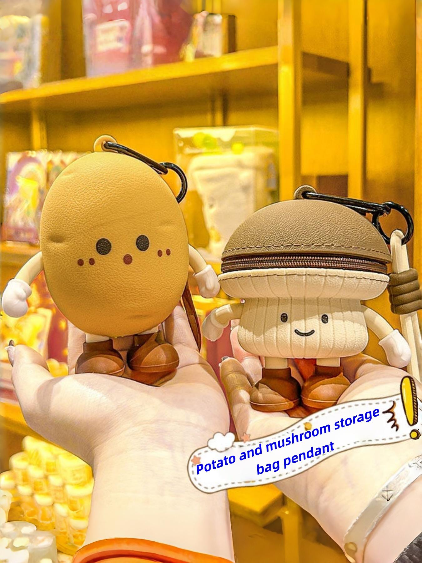 Cute Kawaii Cartoon Potato & Mushroom Mini Storage Pouch Keychain Multifunctional Zipper Coin Purse Key Ring Aesthetic Backpack Bag Charm Gift for Women Girls Kids