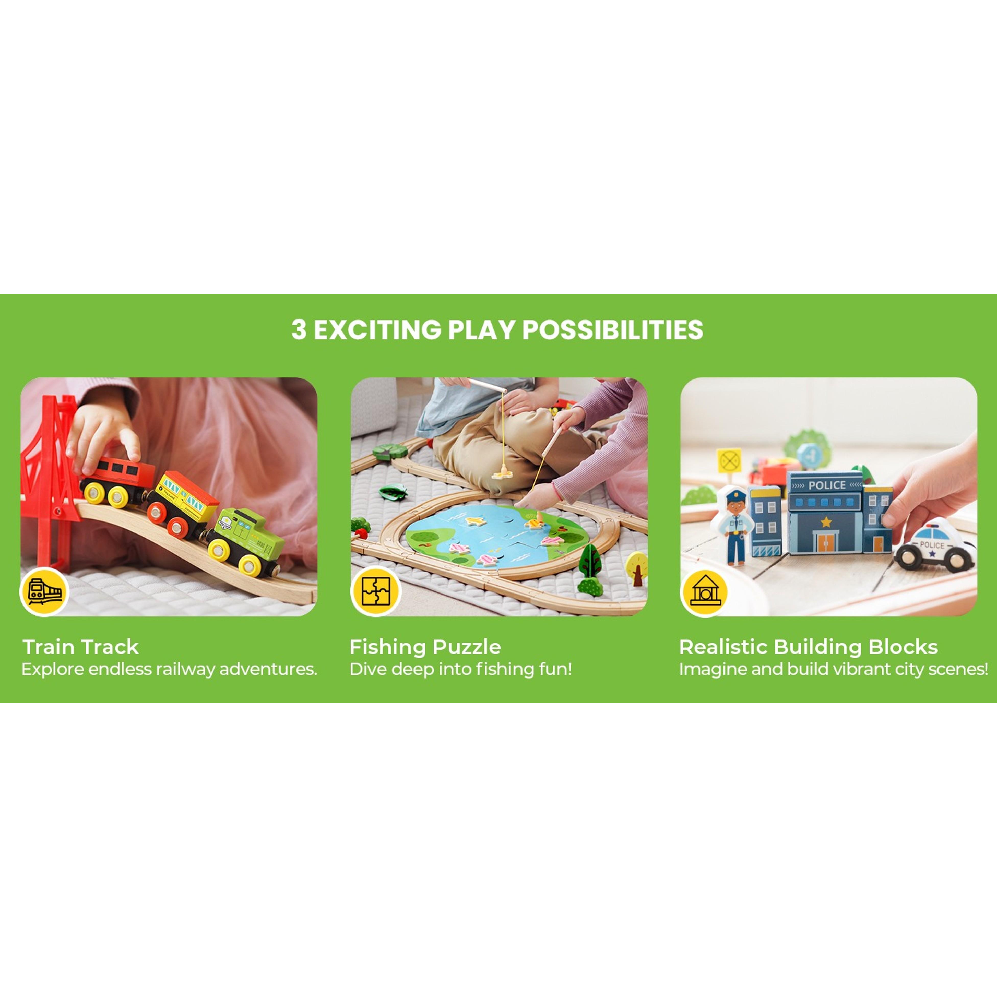 110pcs Wooden Train Set with Folding Storage Box, Wooden Train Track Toy for Kids Ages 3-7, Includes Character Figures for Imaginative Play