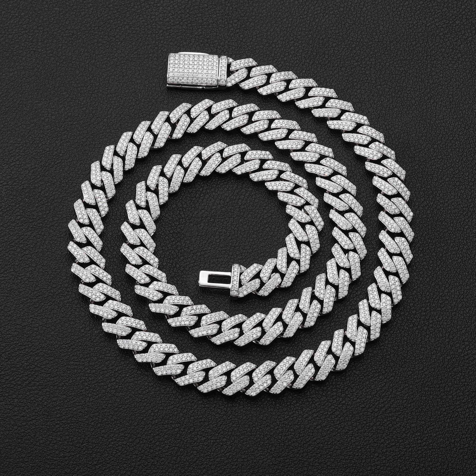 14mm 18K Gold-Plated Cuban Chain with Lab-Grown Moissanite S925 Sterling Silver Setting Cuban Synthetic Moissanite Link Miami Chain Hip Hop Rock Cuban Necklaces【#N90】