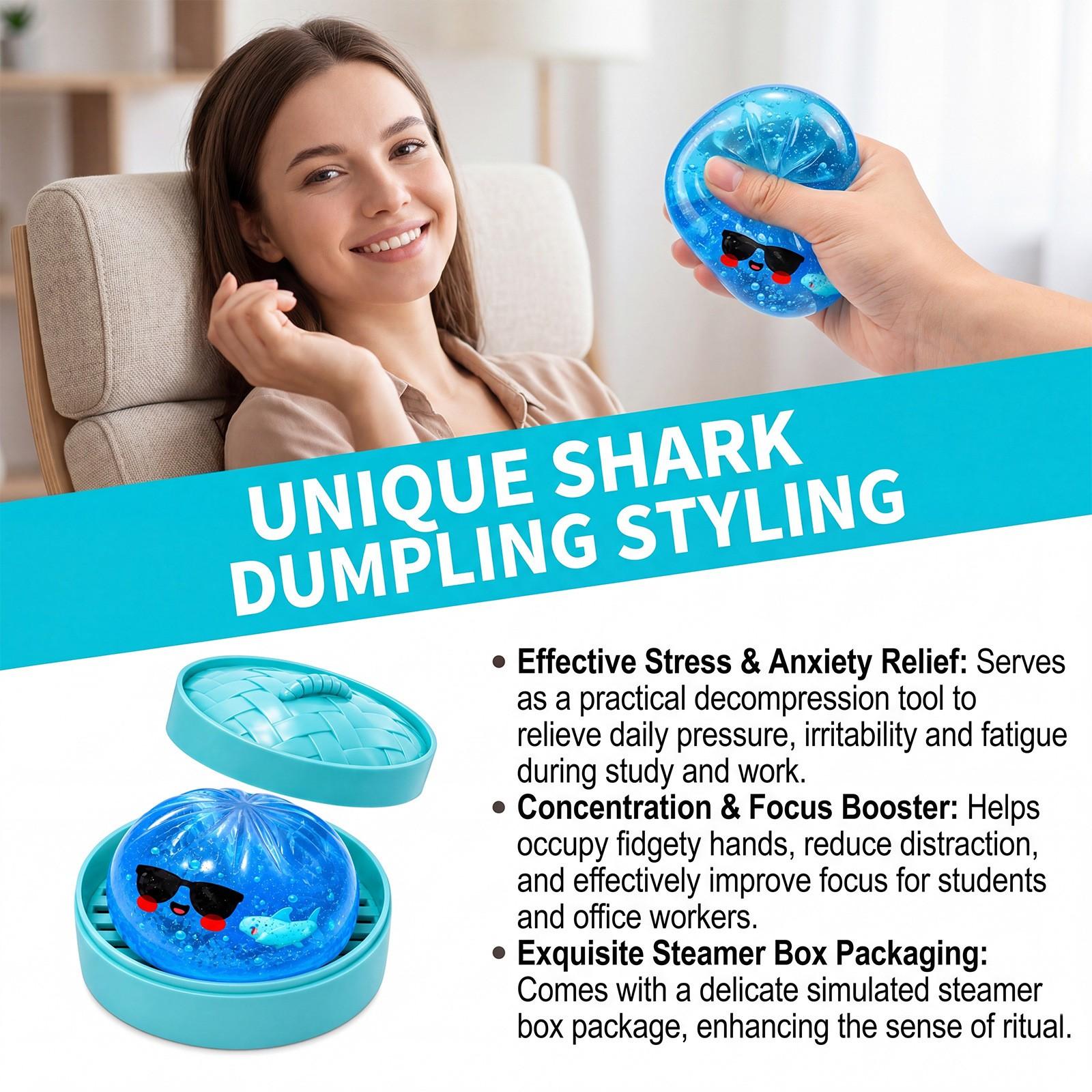 4-Pack Blue Shark Baozi Squishy Toy, Cute Decompression Squishy Stress Relief Squeezing Toy with Sunglasses, Mini Steamer Storage Box, Adult & Kids Desk Gift