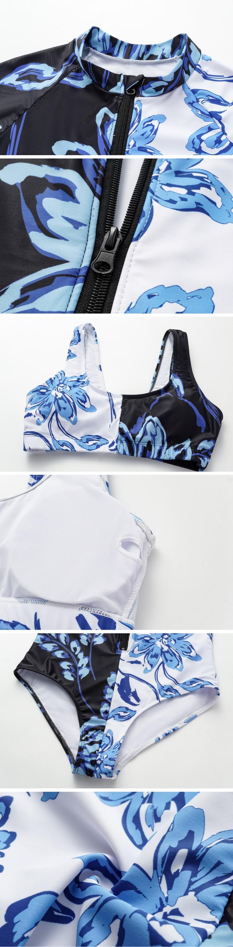 FLAXMAKER Women's Color Block Printed Long Sleeve One Piece Surf Swimsuit and Matching Skirt Swim Set Rash Guard Wetsuit Modest Swimming Wear Bathing Suit Stylish Beachwear