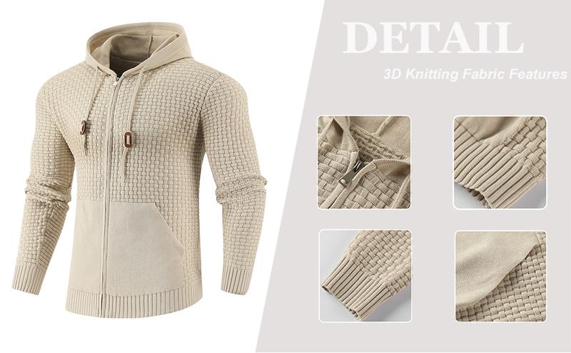 Zaitun Men's Full Zip Up Hooded Cardigan Sweater with Pockets - Soft 3D Machine Knitted Black Pullover for Casual Fall & Spring Wear