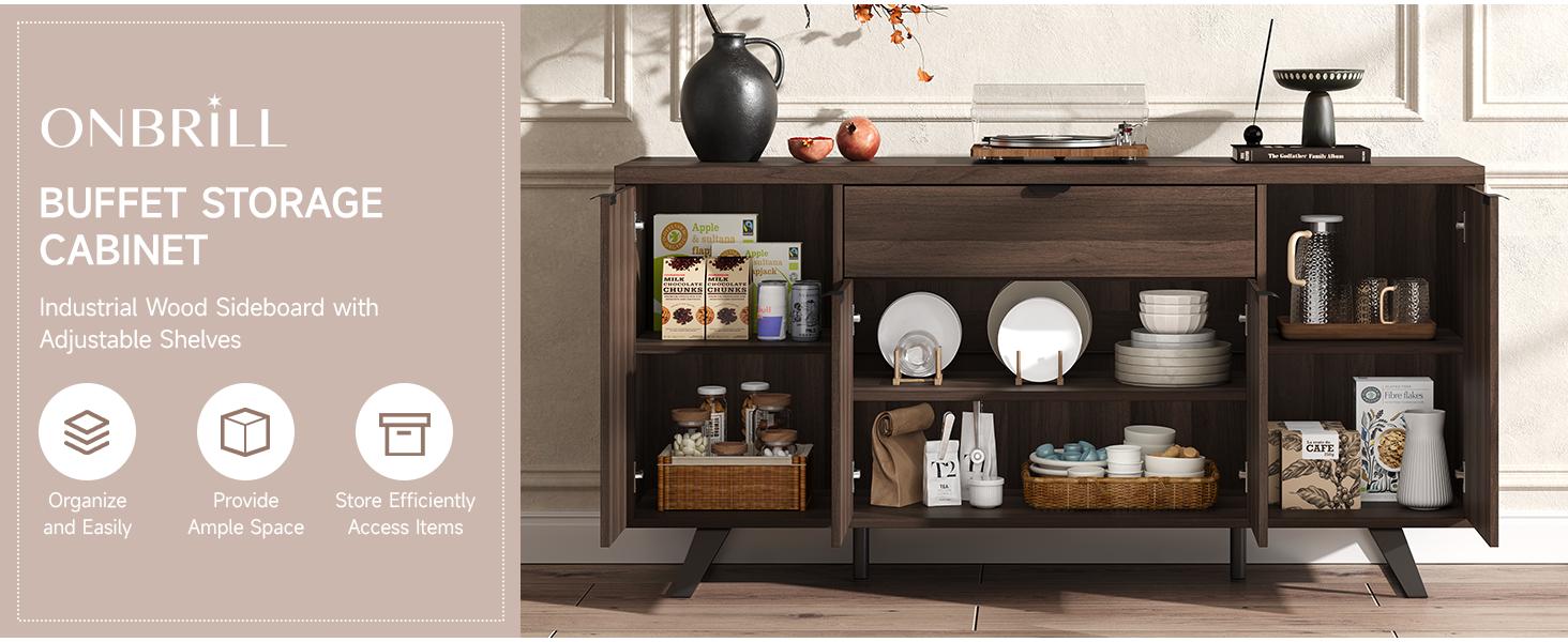【SPOTLIGHT DAY】ONBRILL 63" Sideboard Buffet Cabinet, Kitchen Buffet Storage Cabinet, Mid Century Modern Storage Cabinet with 4 Doors & Shelves, Wood Coffee Bar Console Wine Bar for Living Room, Kitchen,Hallway