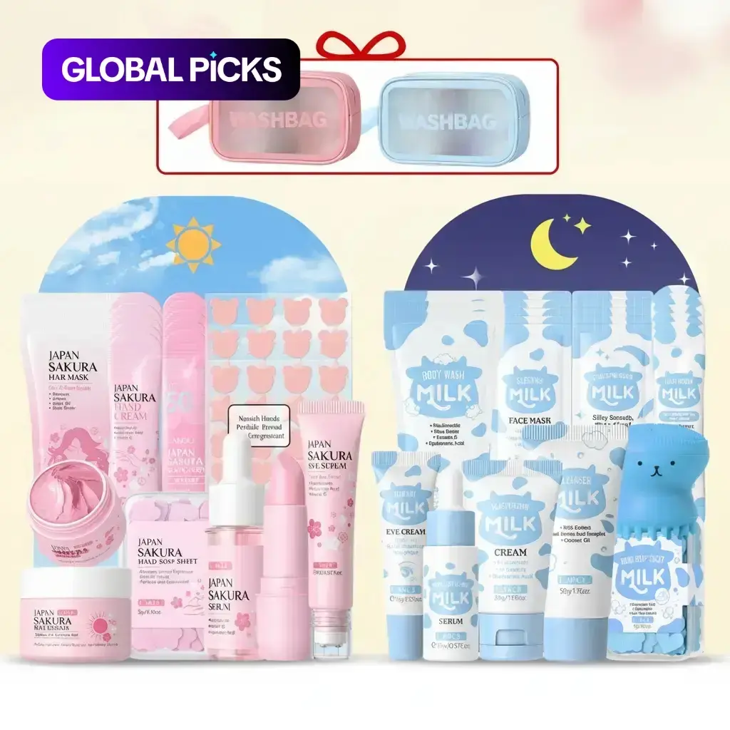 Sakura Milk Day & Night Moisturizing Skincare Set, Including Cleanser, Toner, Patches, Lip Balm, Face Cream, Sunscreen, Exfoliator, Eye Cream and Mask, Rejuvenating Skin Care Spa Gift Set #GLOBAL PICKS