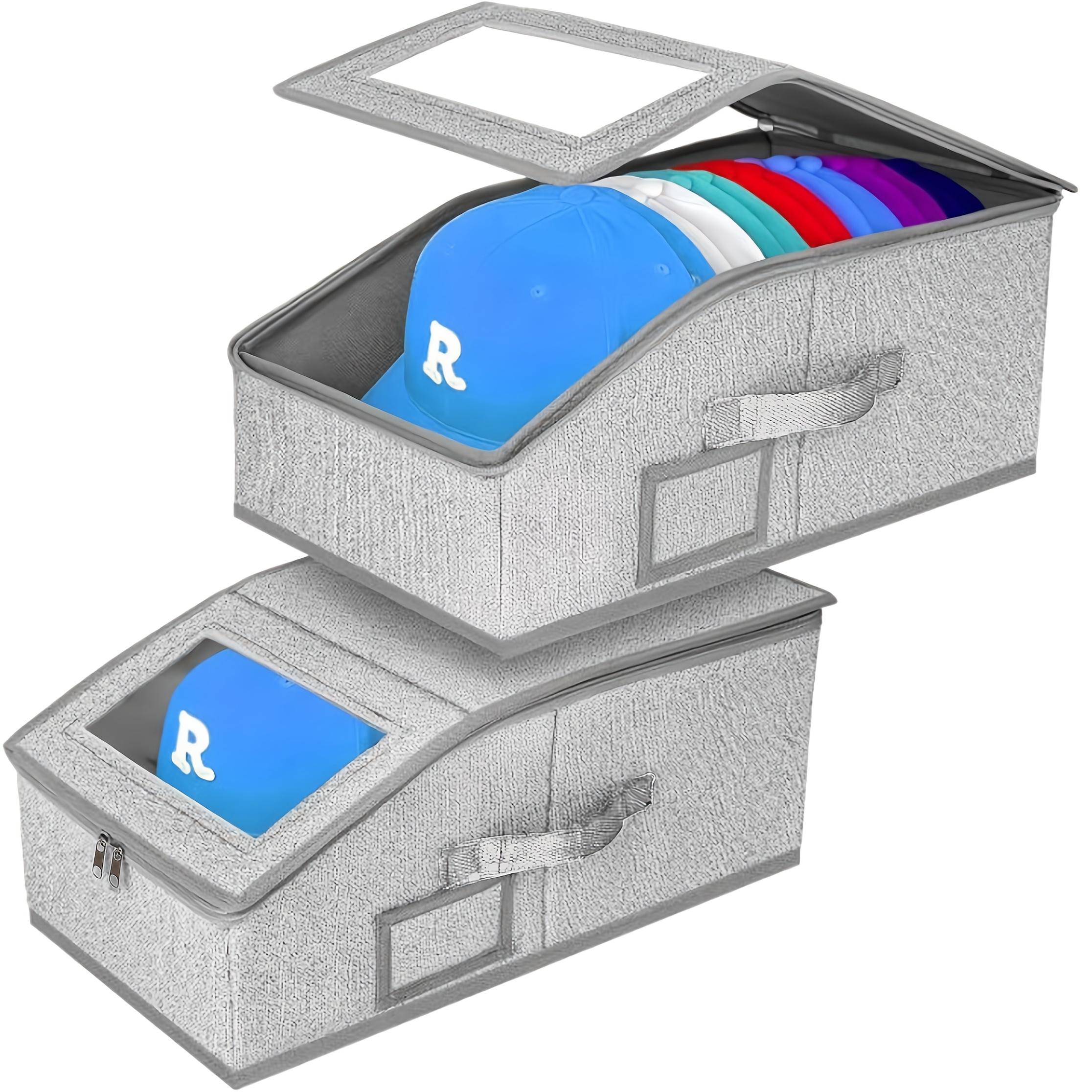 Portable Foldable Baseball Cap Storage Box with Zippered Transparent Window – Stackable, Space Saving Storage & Dustproof Hat Organizer for Home and Travel