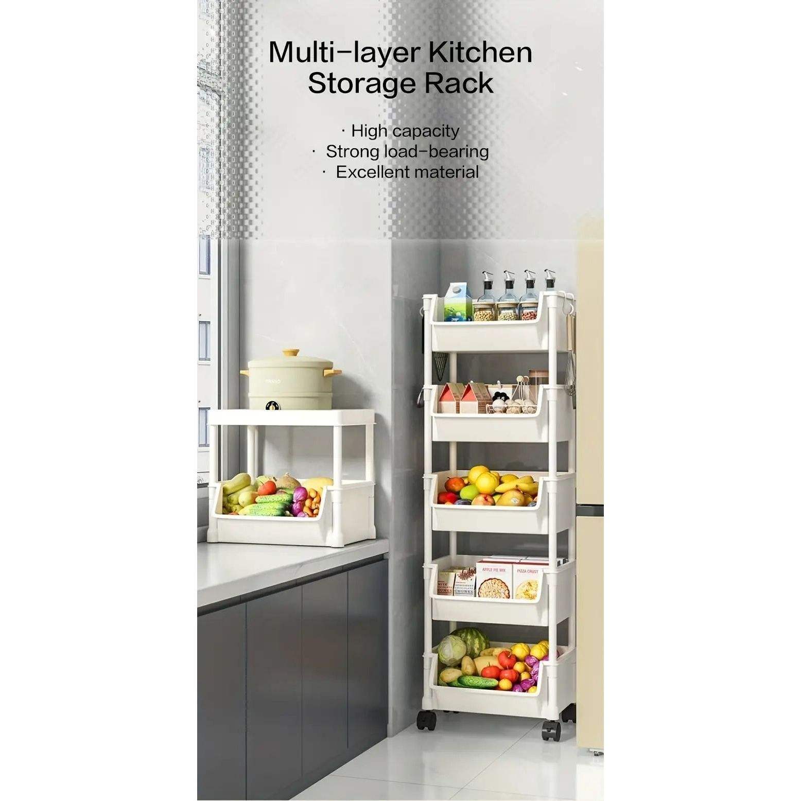 5 Layer Practical Mobile Rolling Multi-Functional Plastic Storage Cart with 4 Wheels, Floor Standing Shelves for Living Room Bedroom Dormitory Home Bookshelf Display Storage Rack