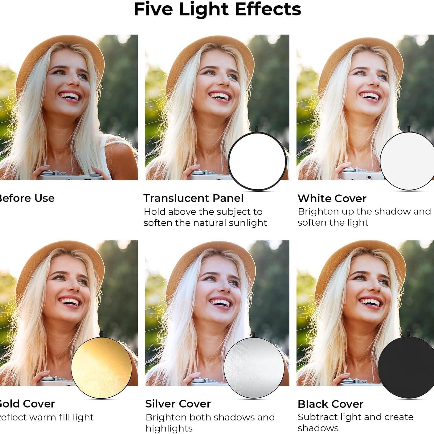 Light Reflector Light Diffuser 5 in 1 Collapsible Multi Disc with Bag - Translucent, Silver, Gold, White, and Black for Studio Photography Lighting and Outdoor Lighting, Photography Tool, 24 Inch/60cm