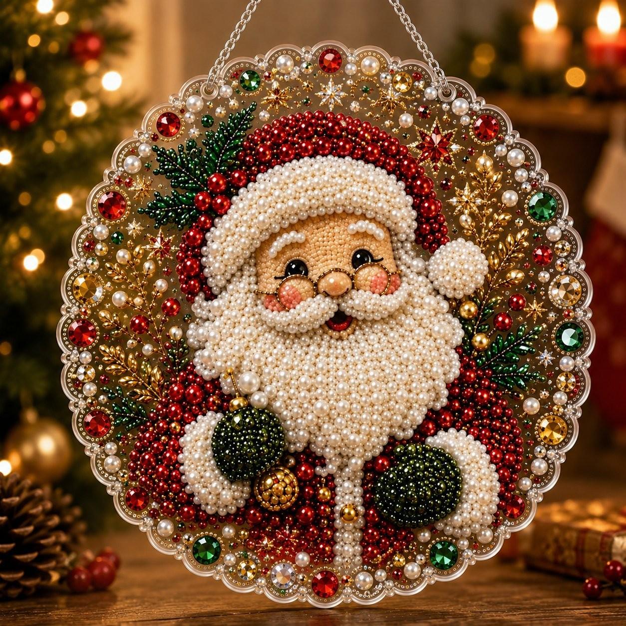 Christmas Pearl Diamond Painting Kit, Handmade, 10 Inch, Pre-Assembled Metal Chain, Acrylic Round Board with Lace Edge, 3D Pearls, Holiday Decor