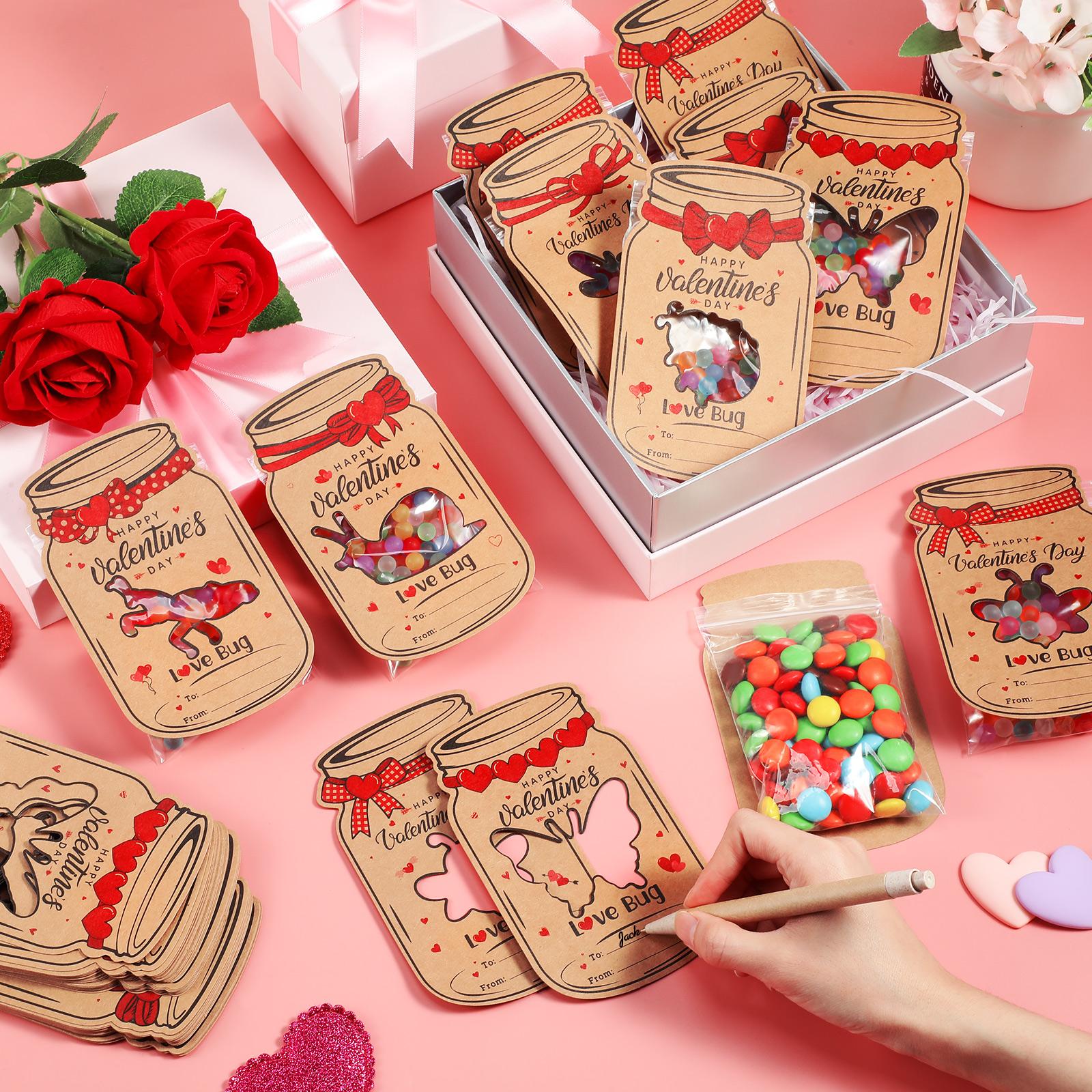 36/100 Pcs Valentine's Candy Cards Kids Gifts Set with Plastic Domes DIY Craft Treat Holder Bulk Class Valentines Candy Exchange Gifts for Couples Families School Party Classroom Gifts