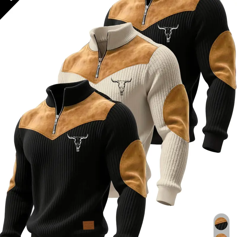 Men's Half-Zip Stand Collar Knit Top, Suede Texture Shoulder Patches, Bull Head Print, Slim Fit, Retro American Style, Casual Wear, Knitwear
