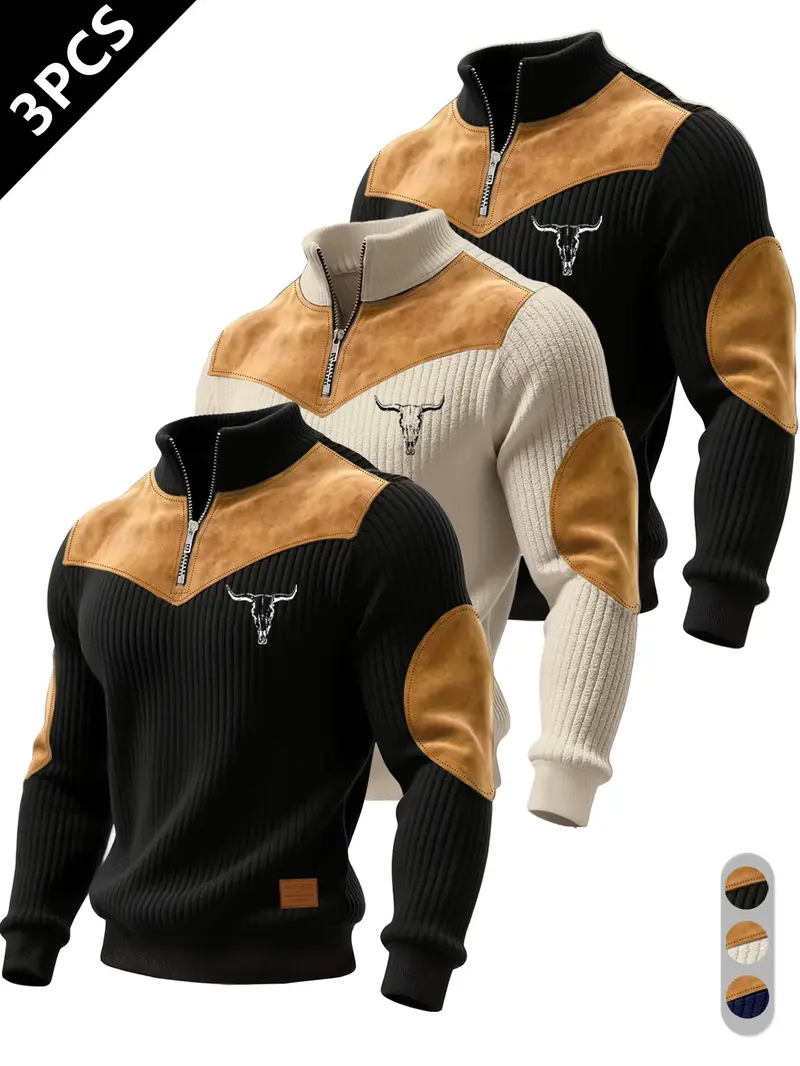 Men's Half-Zip Stand Collar Knit Top, Suede Texture Shoulder Patches, Bull Head Print, Slim Fit, Retro American Style, Casual Wear, Knitwear Men's Half-Zip Stand Collar Knit Top, Suede Texture Shoulder Patches, Bull Head Print, Slim Fit, Retro American Style, Casual Wear, Knitwear