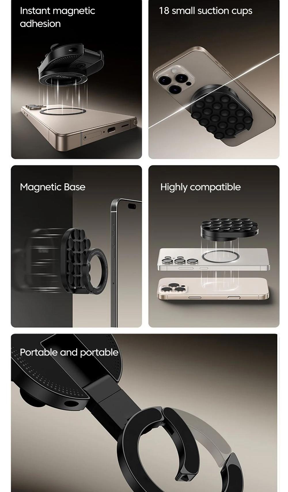 Three-in-One Magnetic Phone Stand, Multi-functional Foldable Portable Magnetic Adhesive Stand, Phone Desktop Wall Mount Stand, Finger Ring Magnetic Adhesive Stand, Foldable Rotating Three-in-One Multi-functional Phone Stand