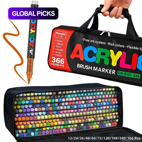 Acrylic Paint Markers Set, Soft Brush Tip, Direct-Liquid Ink System, Acrylic Drawing Markers for Rock Painting, Fabric, Wood & Canvas, Quick-Drying Brush Pens, Art Markers, Painting Supplies #GLOBAL PICKS