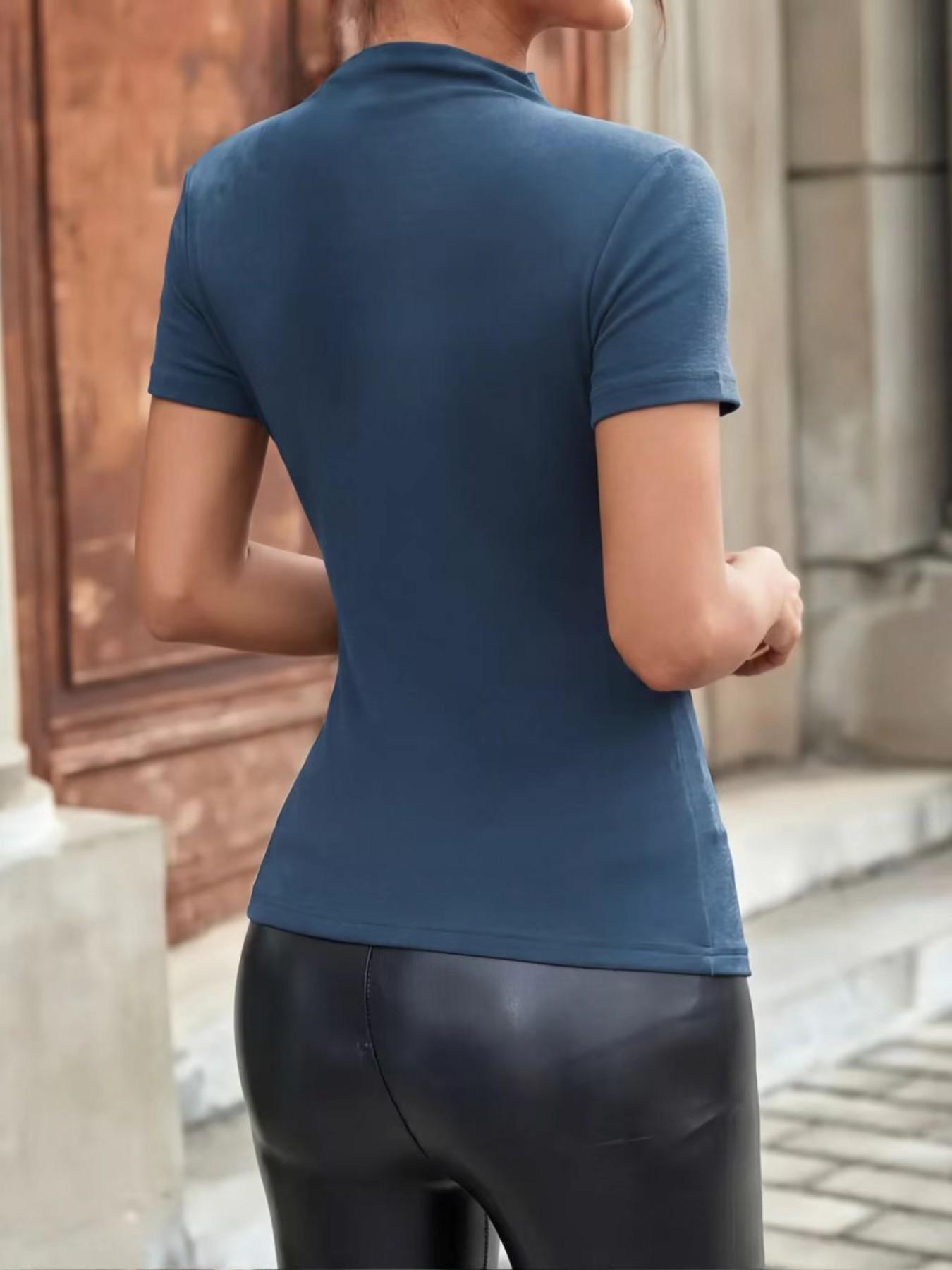 Women's Slim Fit Ruched Asymmetrical Top, High Neck Short Sleeve Knit T-Shirt, Casual Plain Design, Easy Care, X Type Silhouette