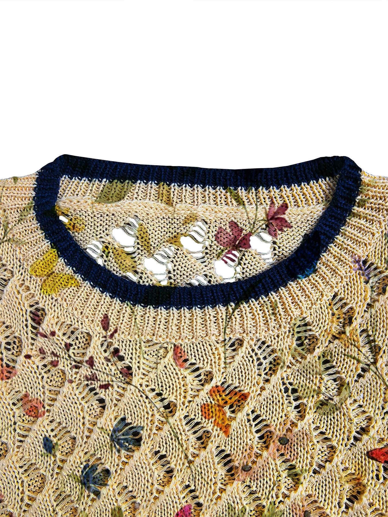 Women's Casual Butterfly Animal Floral Print Round Neck Vest Top, Loose-Fitting Short Knit Sweater Vest, Spring Summer Fall Fashion