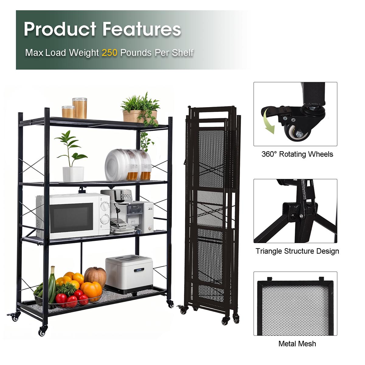 Grezone 3/4/5-Tier Steel Foldable Storage Shelf with Wheels - Foldable Push Cart, Mobile Folding Trolley, Organiser Rack for Home Organization, Kitchen & Book Storage (Mother's Day Gift)