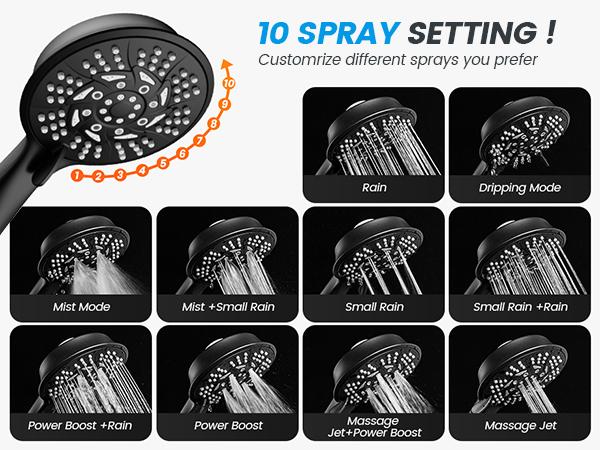 Hurran High Pressure 7.2" 2-in-1 Rainfall & Handheld Shower Head with Magnetic Dock offers 10 settings for a customized shower experience. Features a 59" stainless steel hose for flexibility,durability,and a magnetic dock for easy storage and quick access