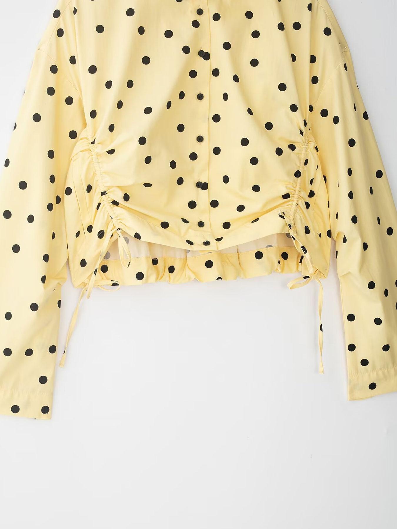 Women's Spring Summer Fashion Polka Dot Print Shorts Set, Long Sleeve Button Front Shirt Jacket, Elastic Waist Balloon Pants, Elegant Casual