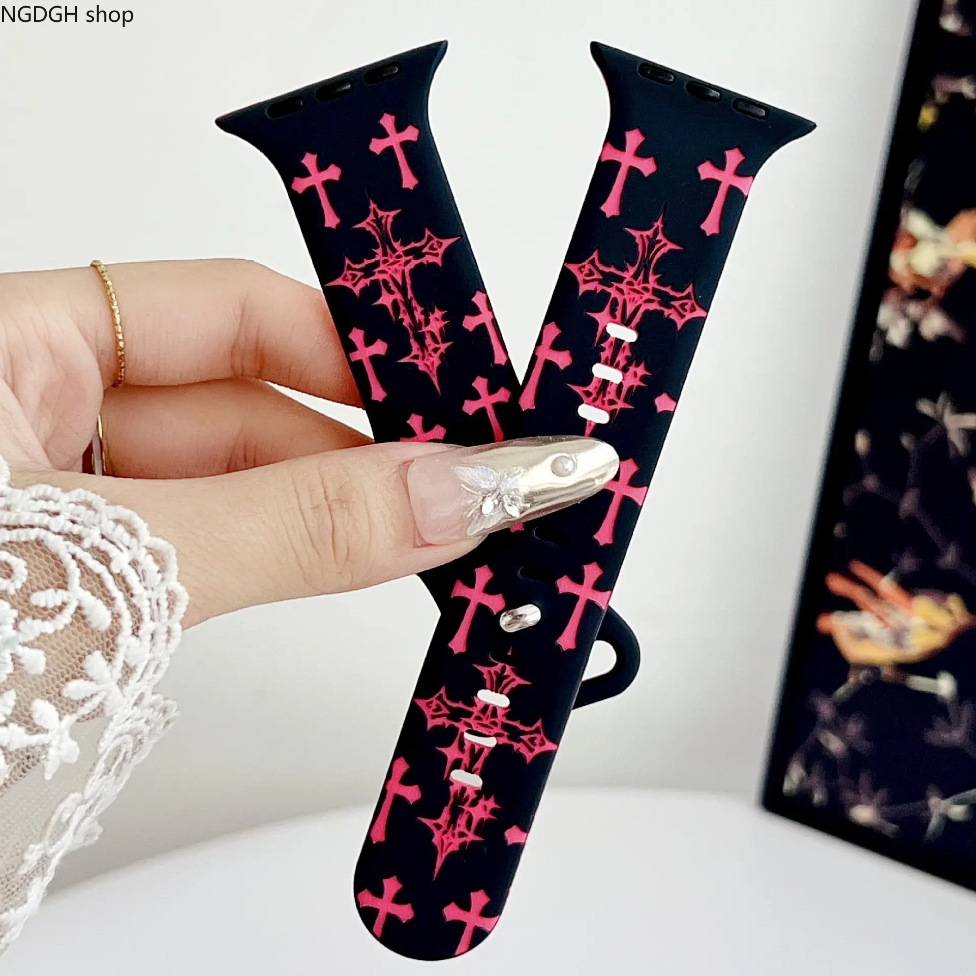 Gothic Cross Print Silicone Watch Band, Punk Style Replacement Strap, Soft Adjustable Wristband, Trendy Accessory for Party Streetwear Daily Casual Occasions