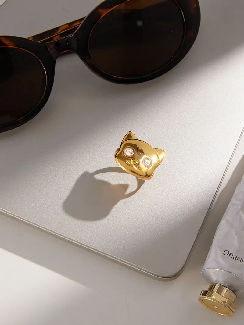 Classic 18K Plated Gold Color Cat Dog Shape Adjustable Open Ring Elegant Fashion Rings With White Zircon Stainless Steel Rings Jewelry