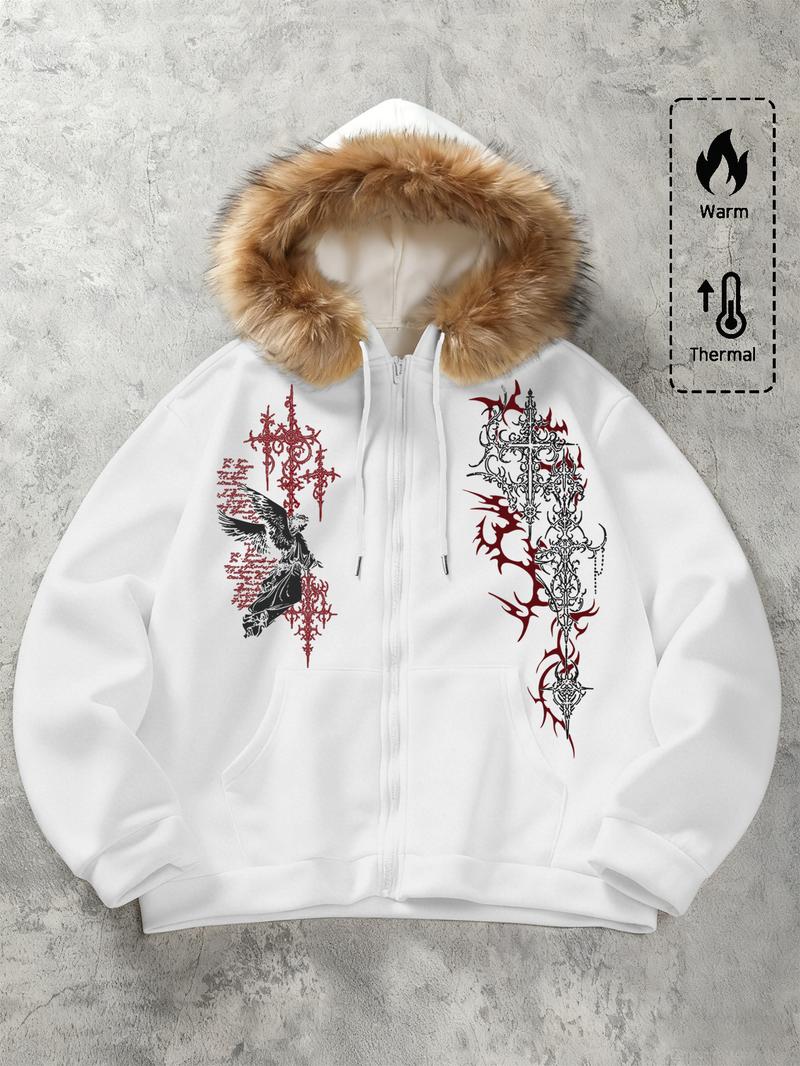Unisex Y2K Gothic Angel Print Hooded Jacket, Fleece Lined, Zipper Design, Street Fashion, Warm and Stylish, Outdoor and Daily,Couple outfits, warm clothing, gothic style, Y2K style Wear