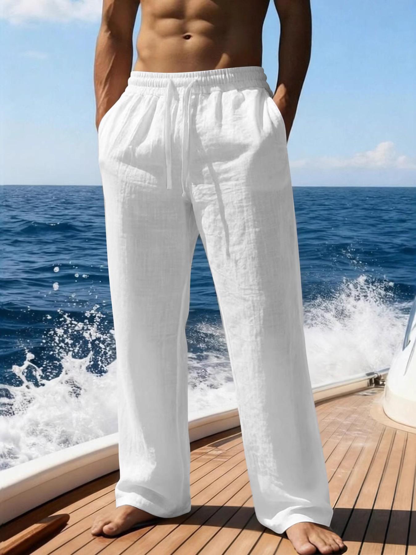 Men's Summer Straight Leg Linen Pants, Casual Sporty Island Vacation Style, Regular Fit Basic Design, Men's Clothing