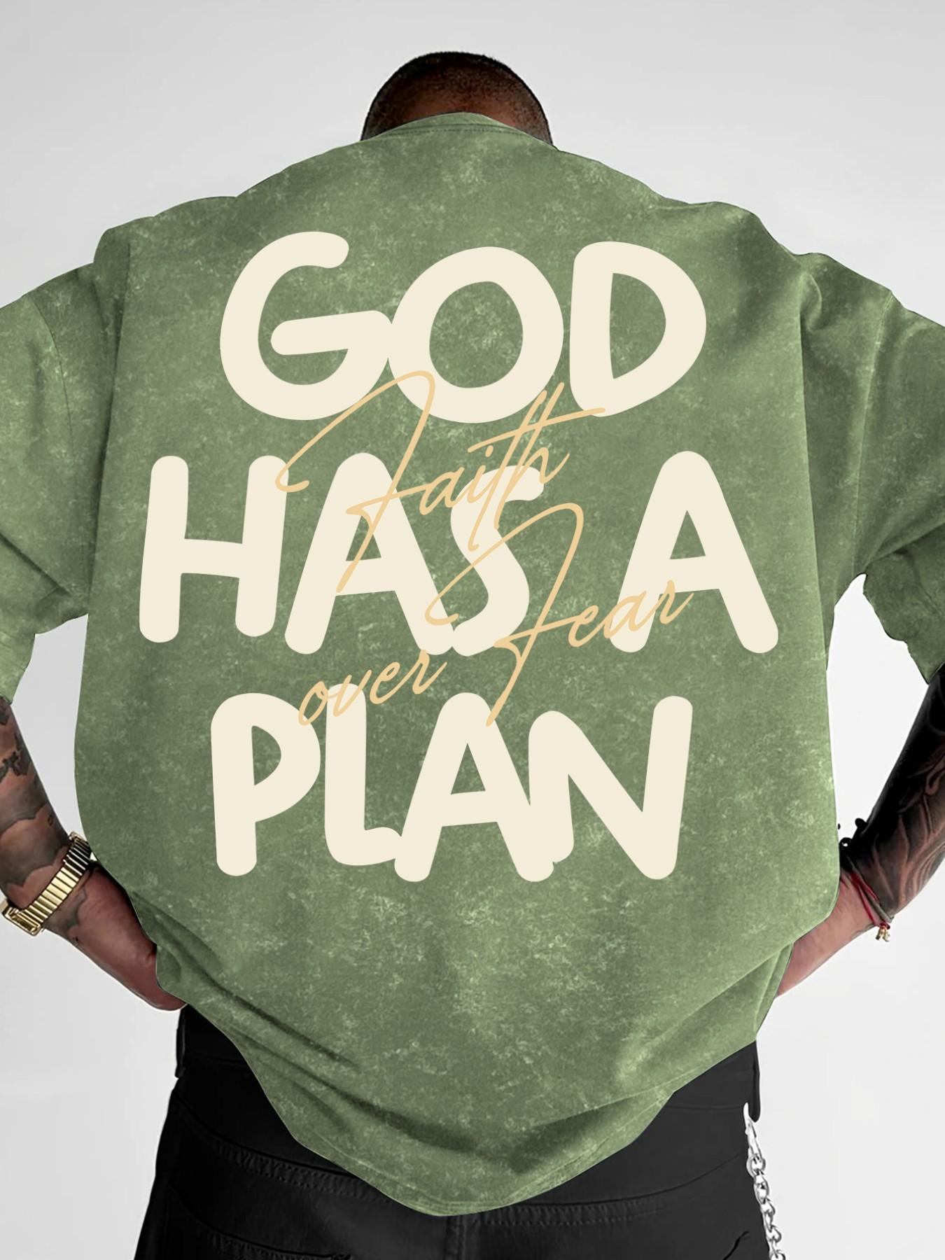 Men's Washed T-Shirt Printed with "God Has A Plan" & "Faith Over Fear", Streetwear Casual Short Sleeve Top, Slim Fit #FaithBasedTee #GodHasAPlan #WashedStreetwear #ChristianFashion #TikTokMadeMeBuyIt