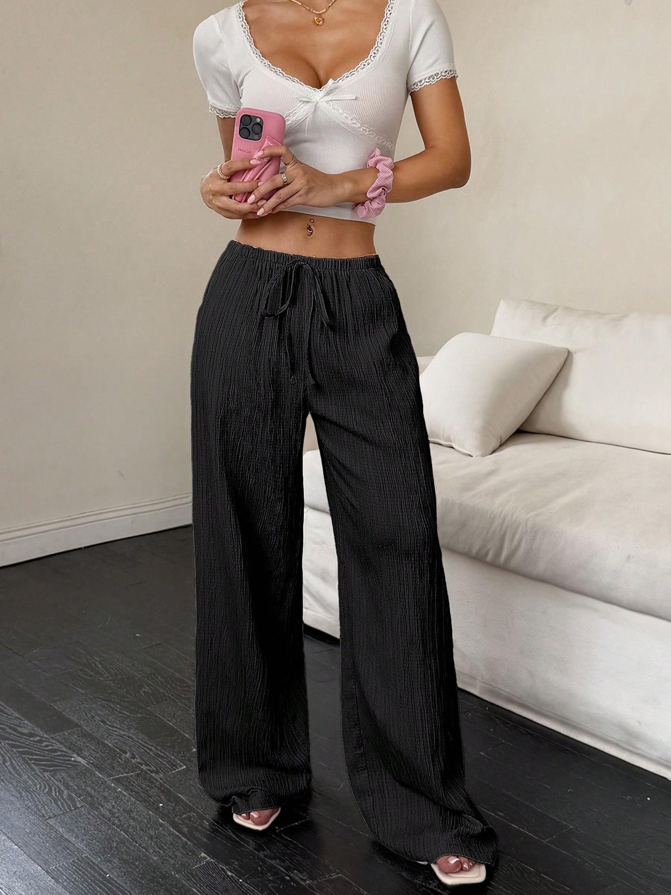 Textured Lightweight Drawstring Adjustable Wide Leg Casual Long Pants, Pockets, Trendy Ootd Fashion, European Style High Waist Tie-Drop Pants, Summer Fashion, Bottoms