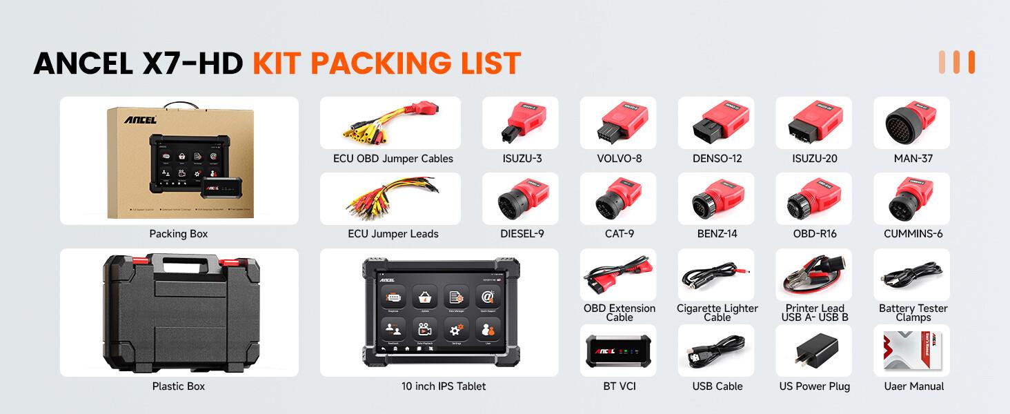 ANCEL X7 HD Heavy Duty Truck Scanner, 40+ Reset Bidirectional Diesel Scan Tool for Cummins, Detroit, Caterpillar, Volvo, Paccar, Semi Trucks Full System Diagnostic Tool with DPF, ECU Coding, 2 In 1 Diagnostic Scan Tool for Truck & Car