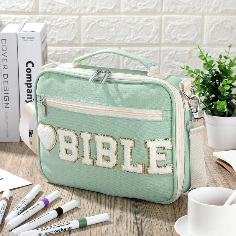 Bible Case for Christian Girl, Cute Bible Case Chenille Letter Bible Cover Case with Shoulder Strap Canvas Tote Carrying Bag Gift for Christian Teenagers Girl Student, Bible Study Supplies, Church Tote Bag, Easter Gift for Christian Daughter