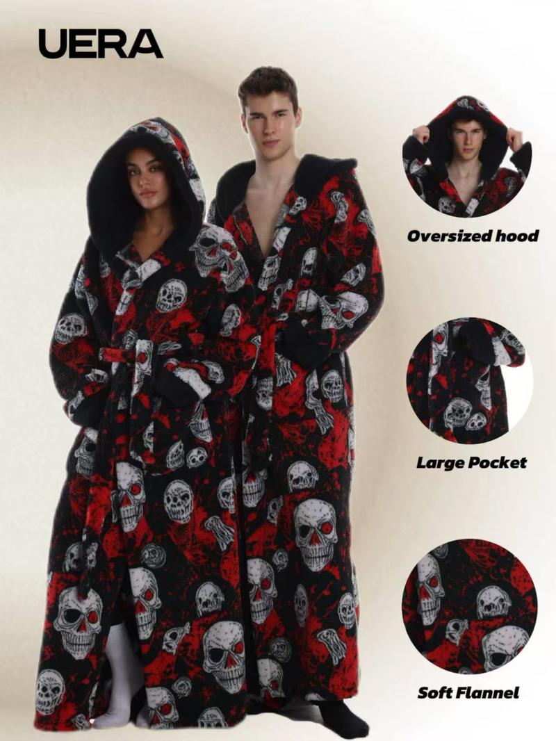 Skull Christmas Series Hooded Bathrobe, Elegant Casual Home Sleepwear, with Pockets, Long Sleeve, Fall & Winter Gift Skull Christmas Series Hooded Bathrobe, Elegant Casual Home Sleepwear, with Pockets, Long Sleeve, Fall & Winter Gift